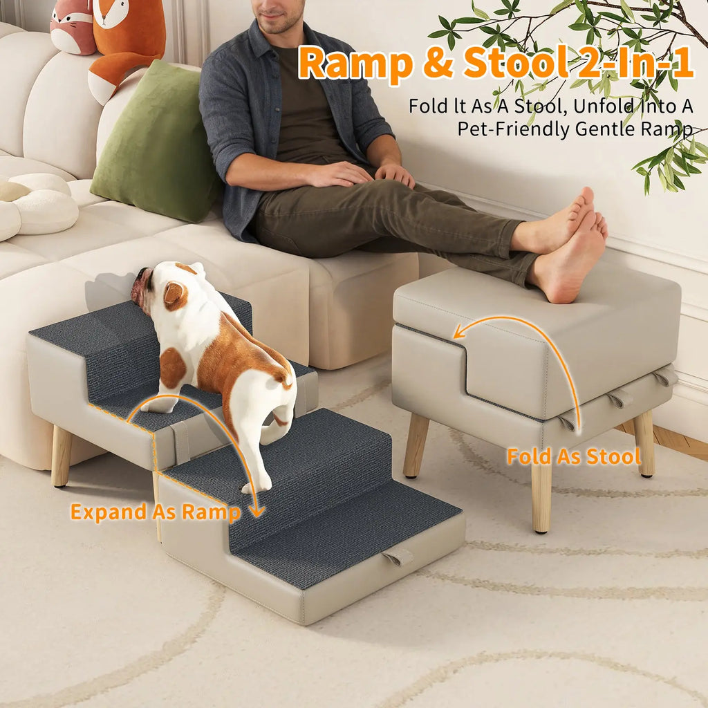 Light gray dog stairs folded into an ottoman