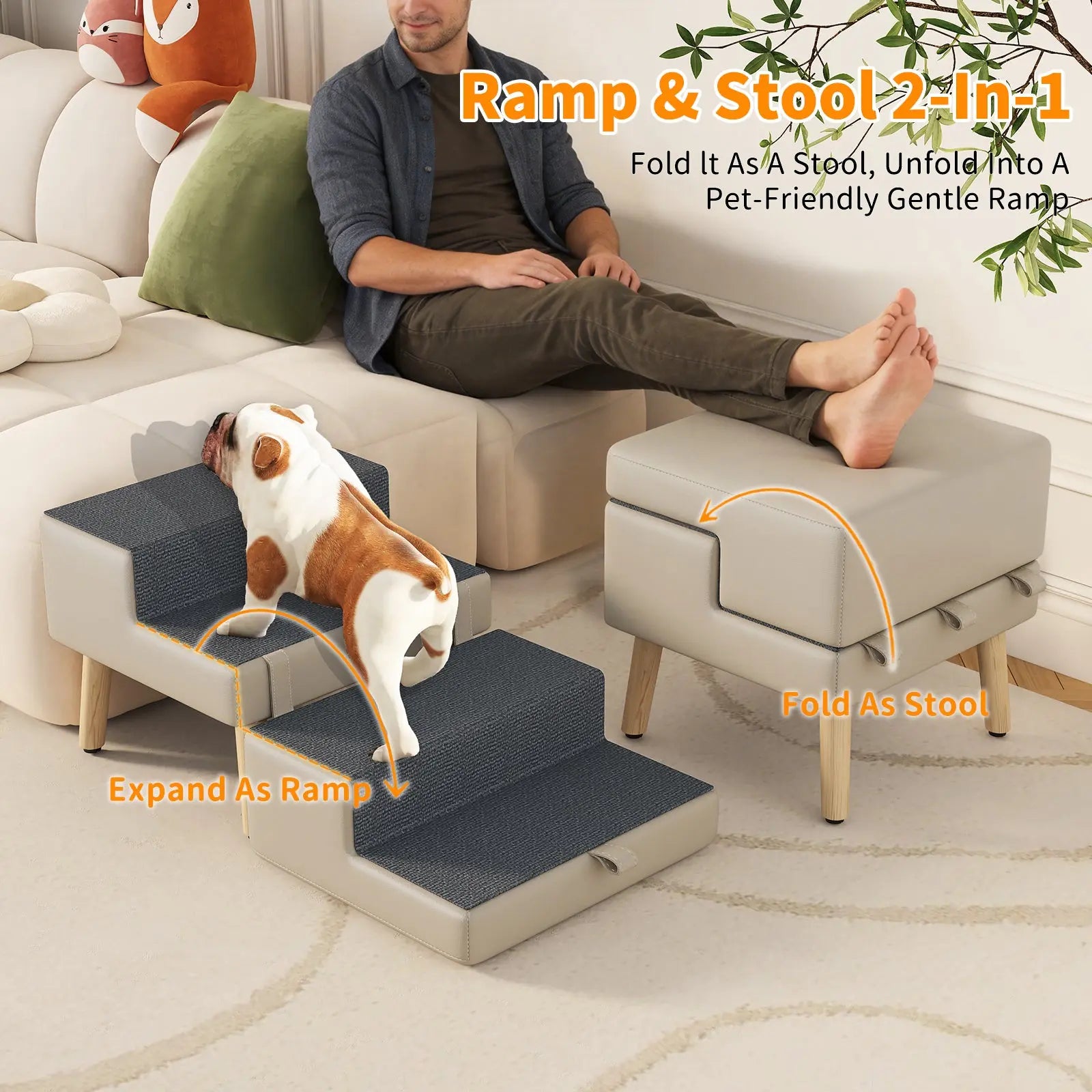 Light gray dog stairs folded into an ottoman