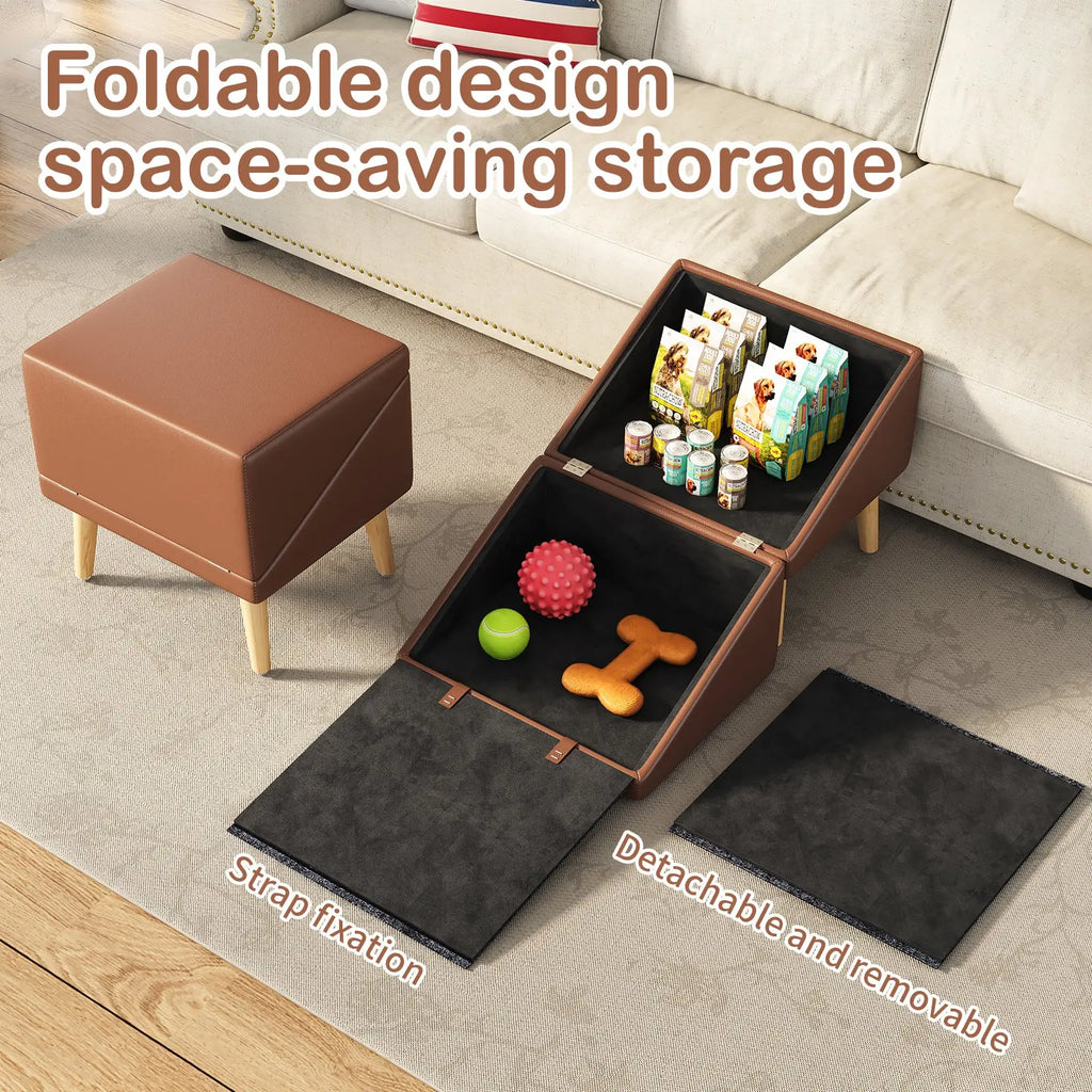 Brown pet ramp opened to show built-in storage