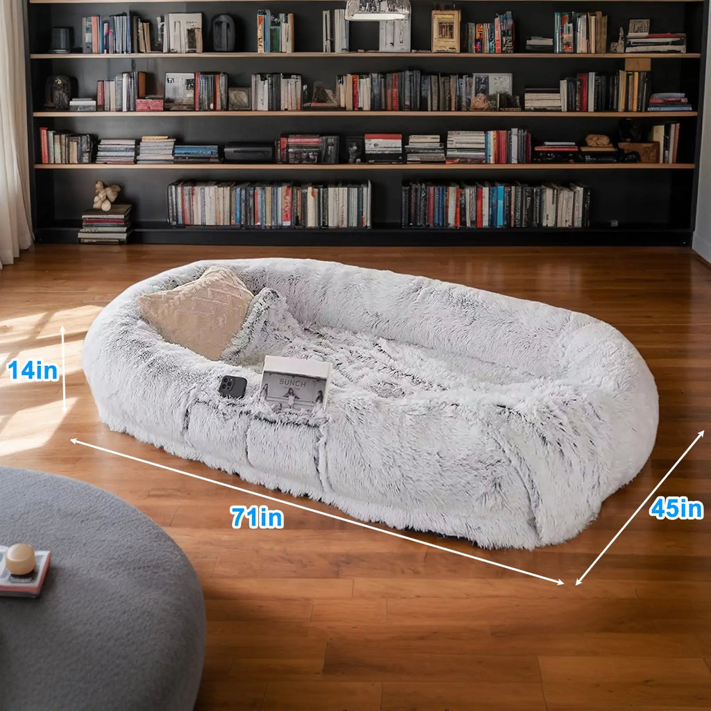 Human dog bed dimensions: 71 by 45 by 14 inches