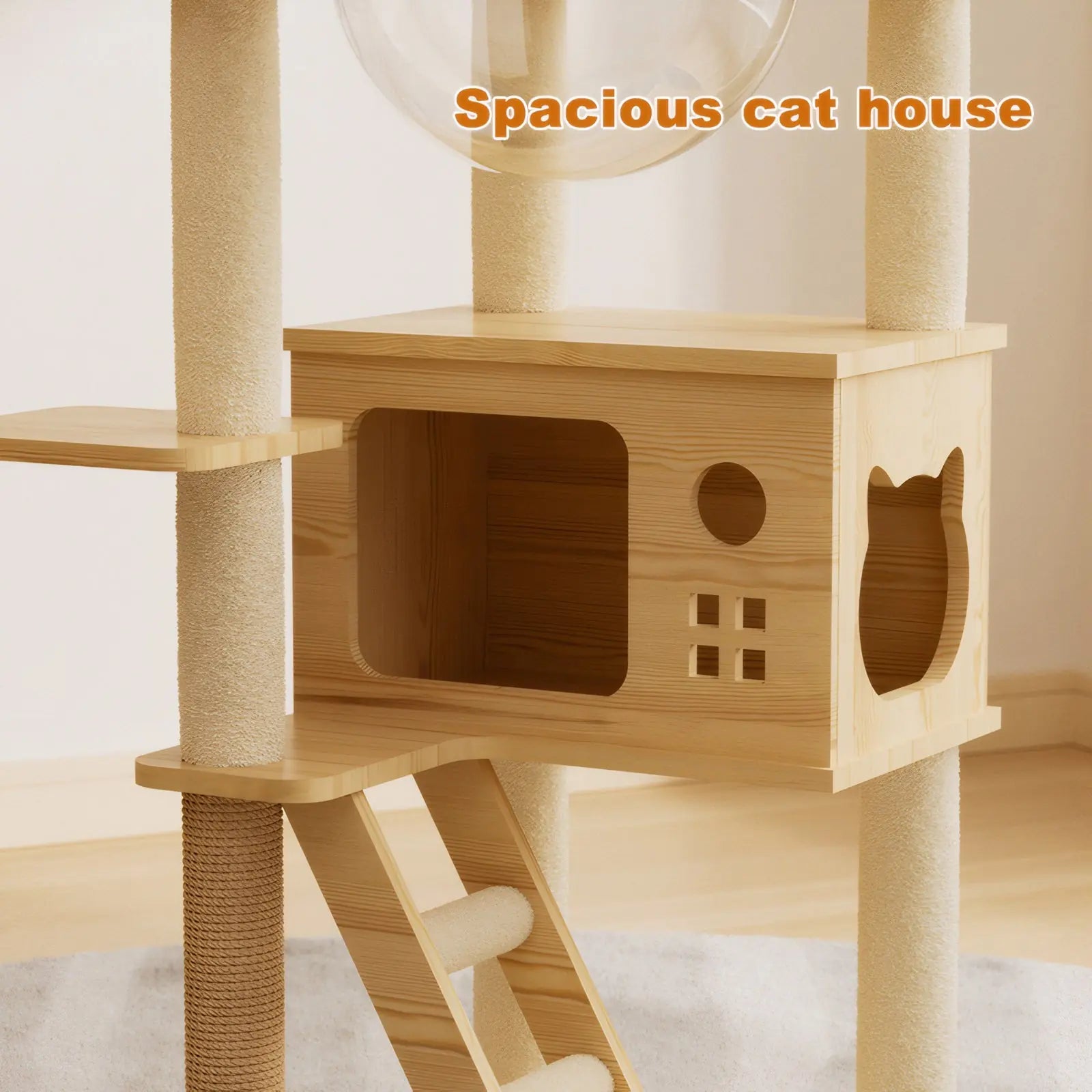 Close-up of the spacious wooden cat condo and scratching post