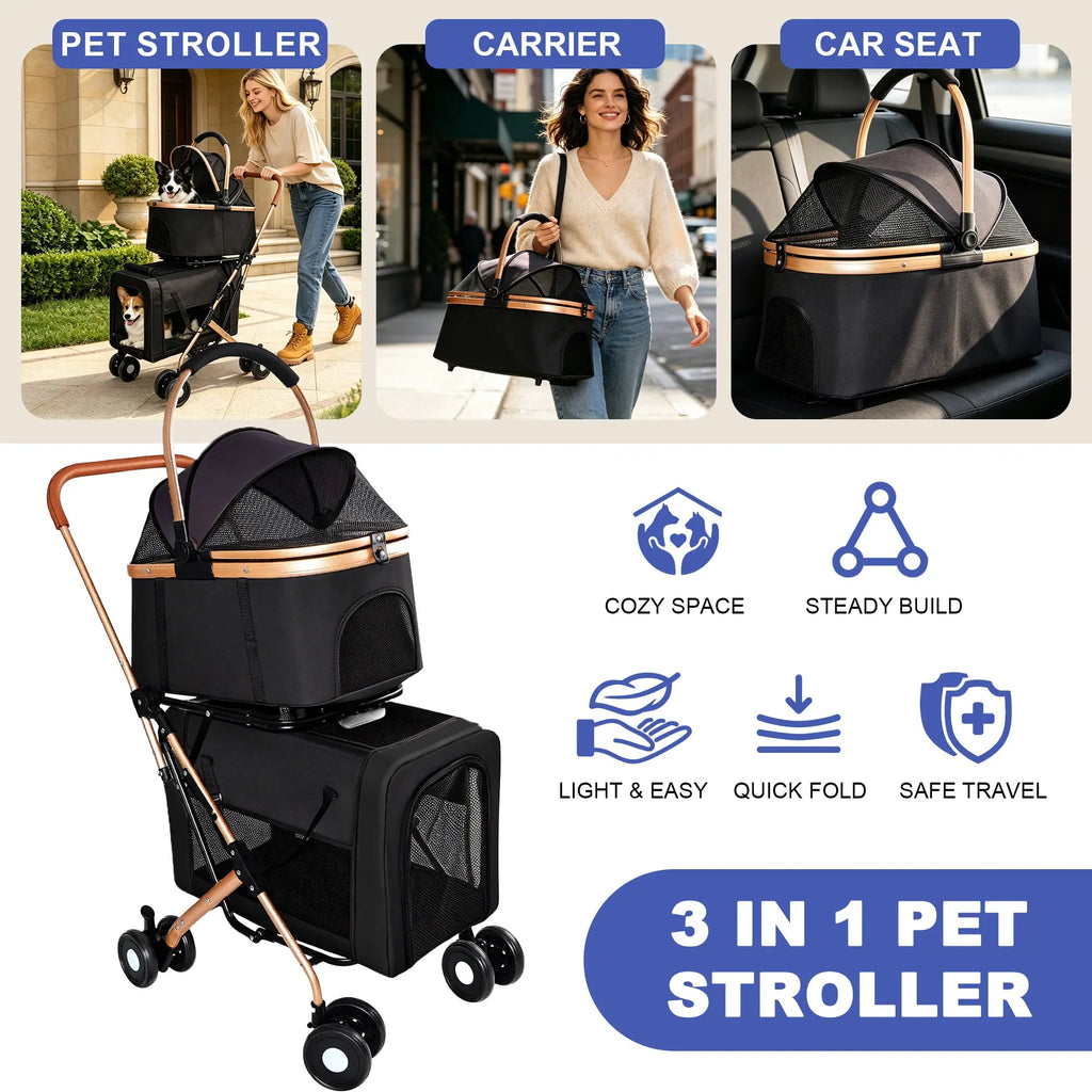 Three-in-one double pet stroller, carrier and car seat modes