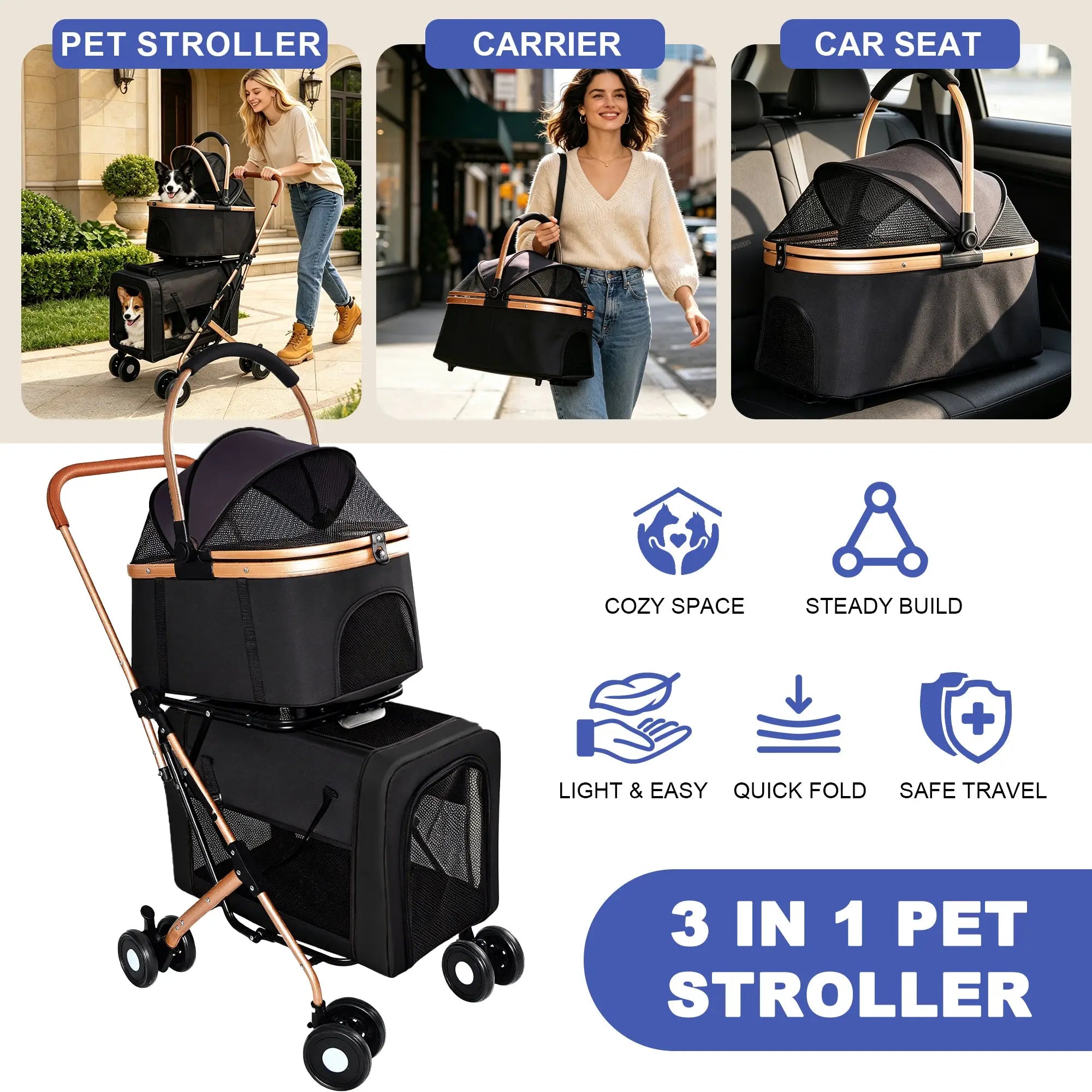 Three-in-one double pet stroller, carrier and car seat modes