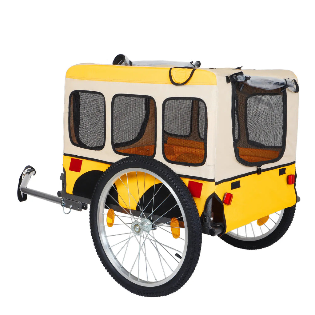 Yellow dog bike trailer rear three-quarter product view