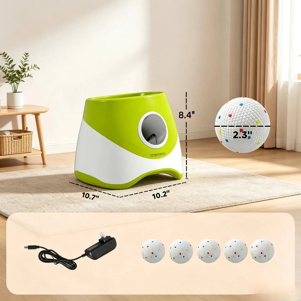 Green automatic dog ball launcher dimensions and included accessories