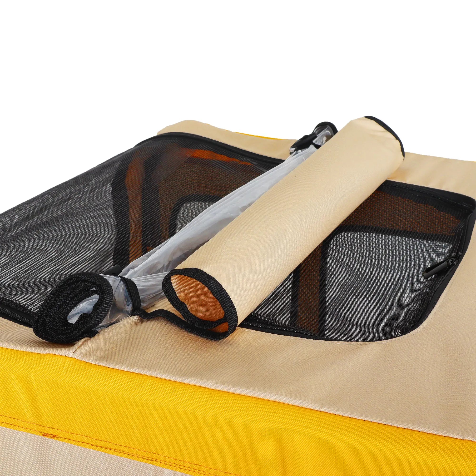 Roll-up cover and mesh roof on yellow dog bike trailer