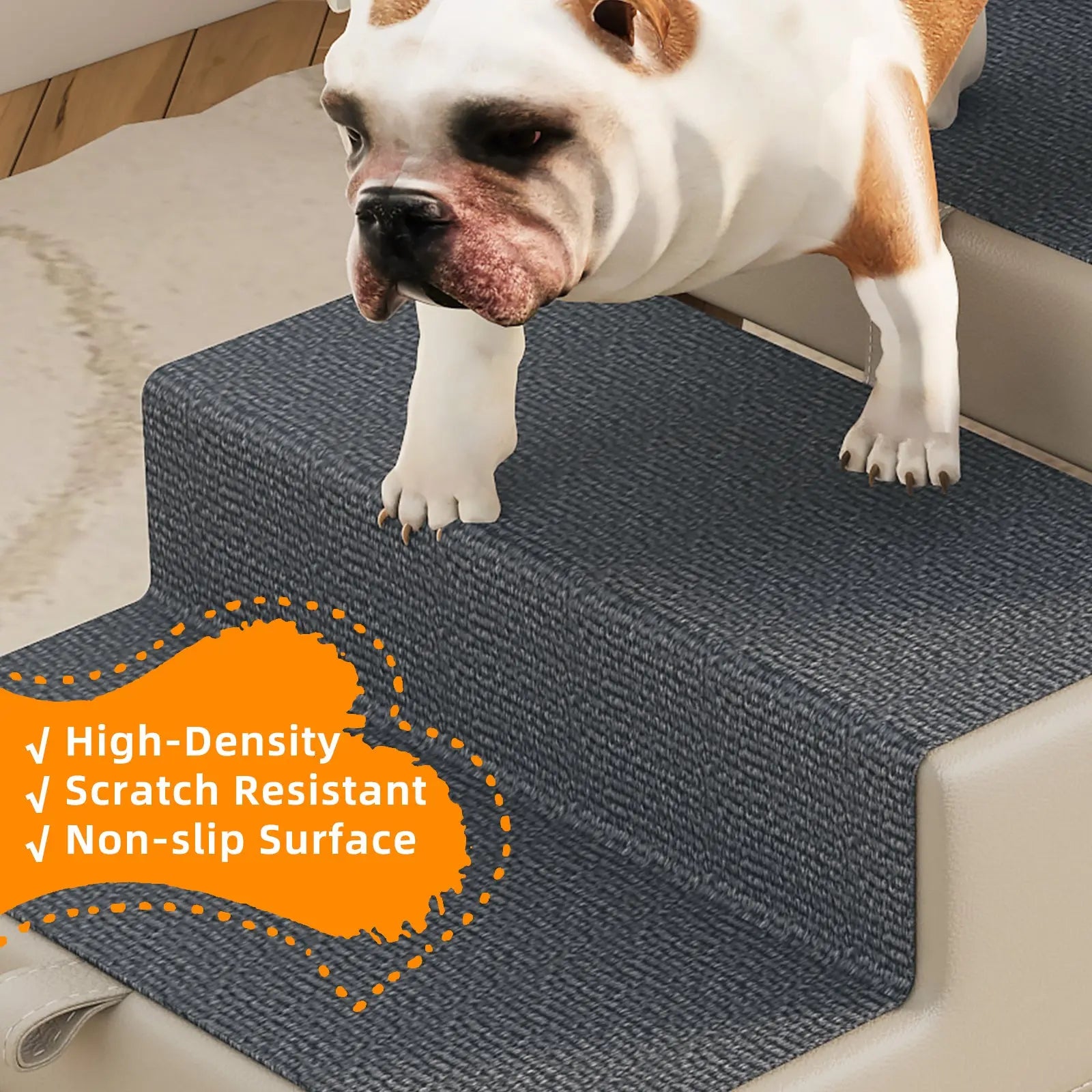 Dark non-slip walking surface on light gray dog stairs