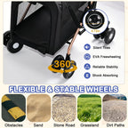 Double pet stroller swivel wheel and shock-absorbing details