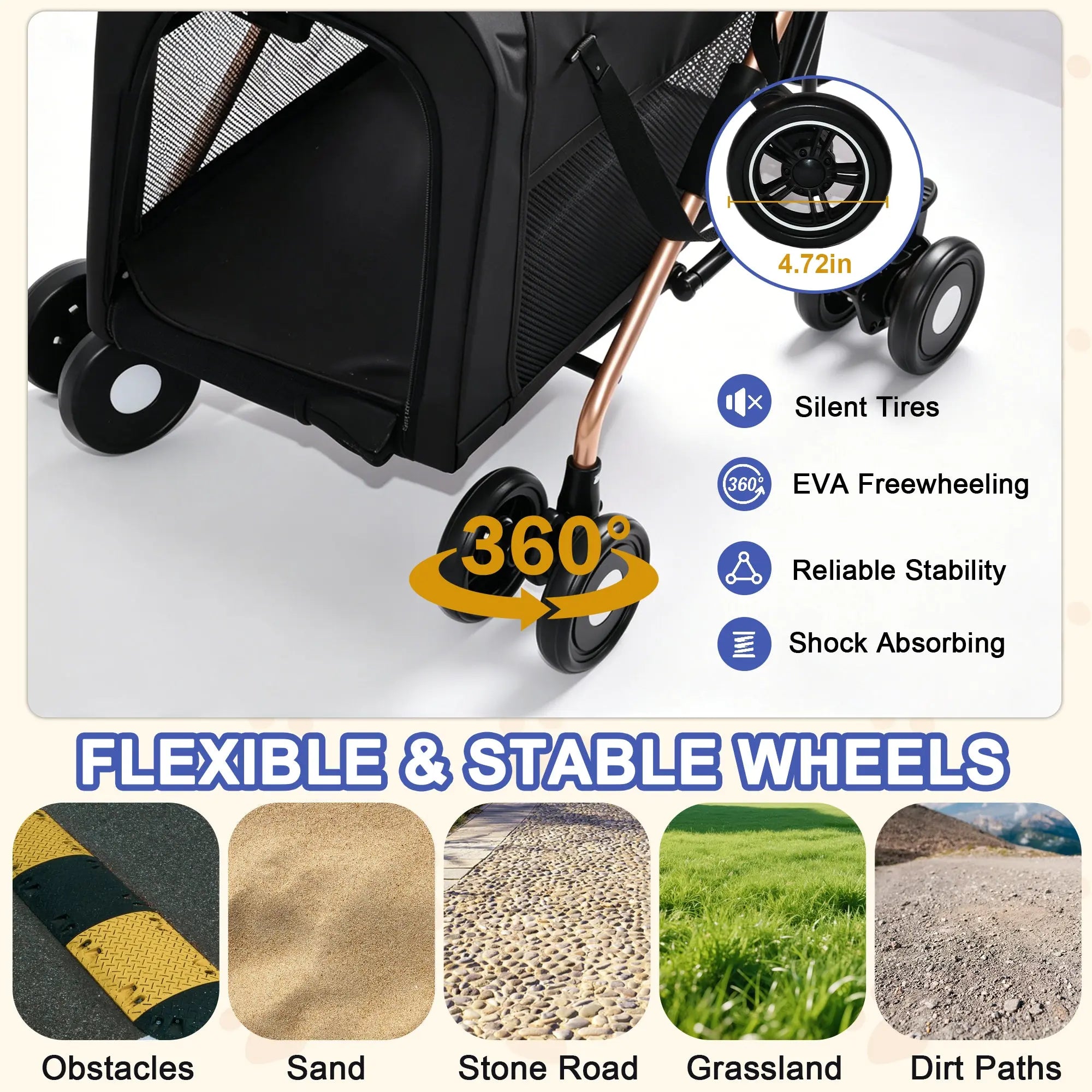 Double pet stroller swivel wheel and shock-absorbing details