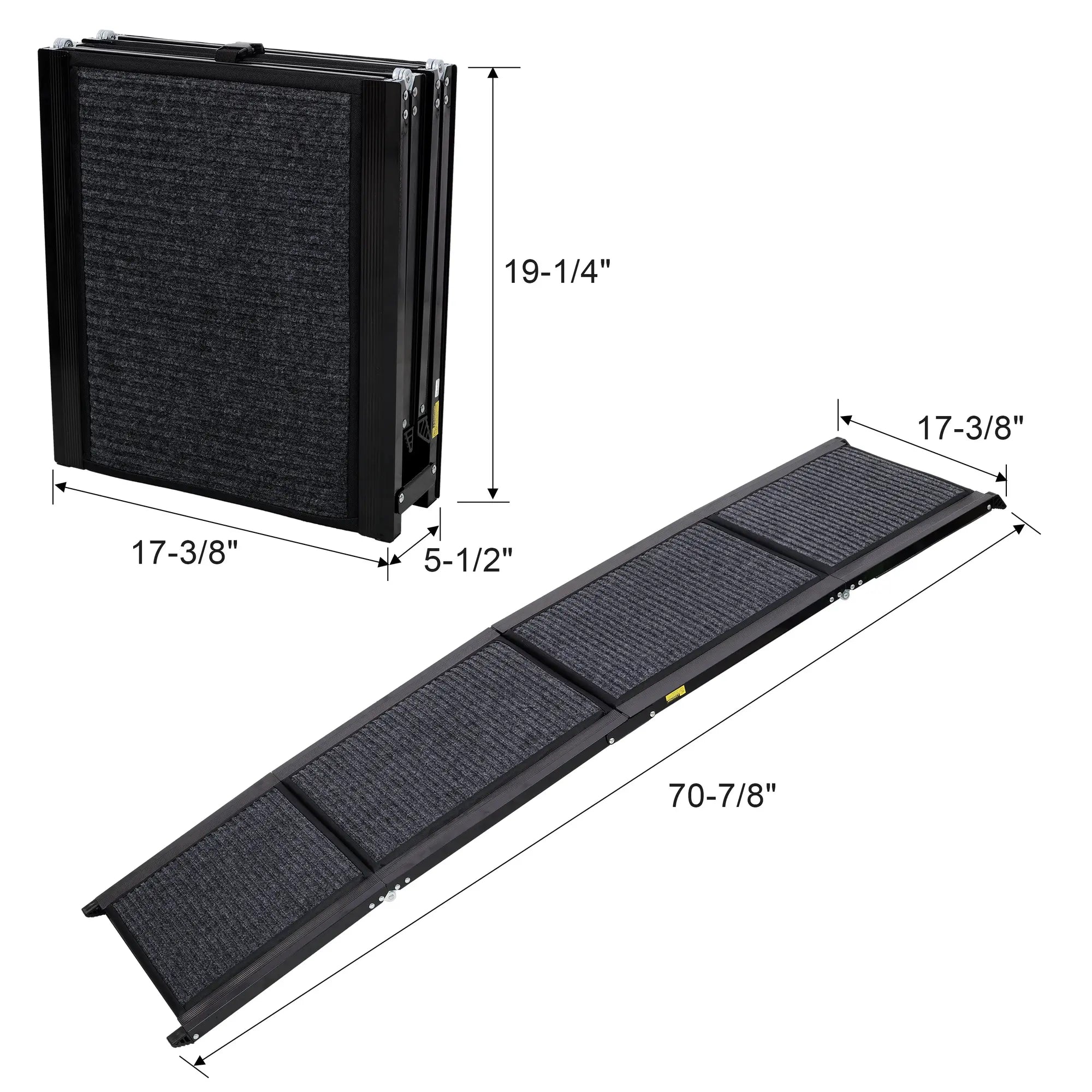 Black 71-inch folding dog ramp open and folded dimensions