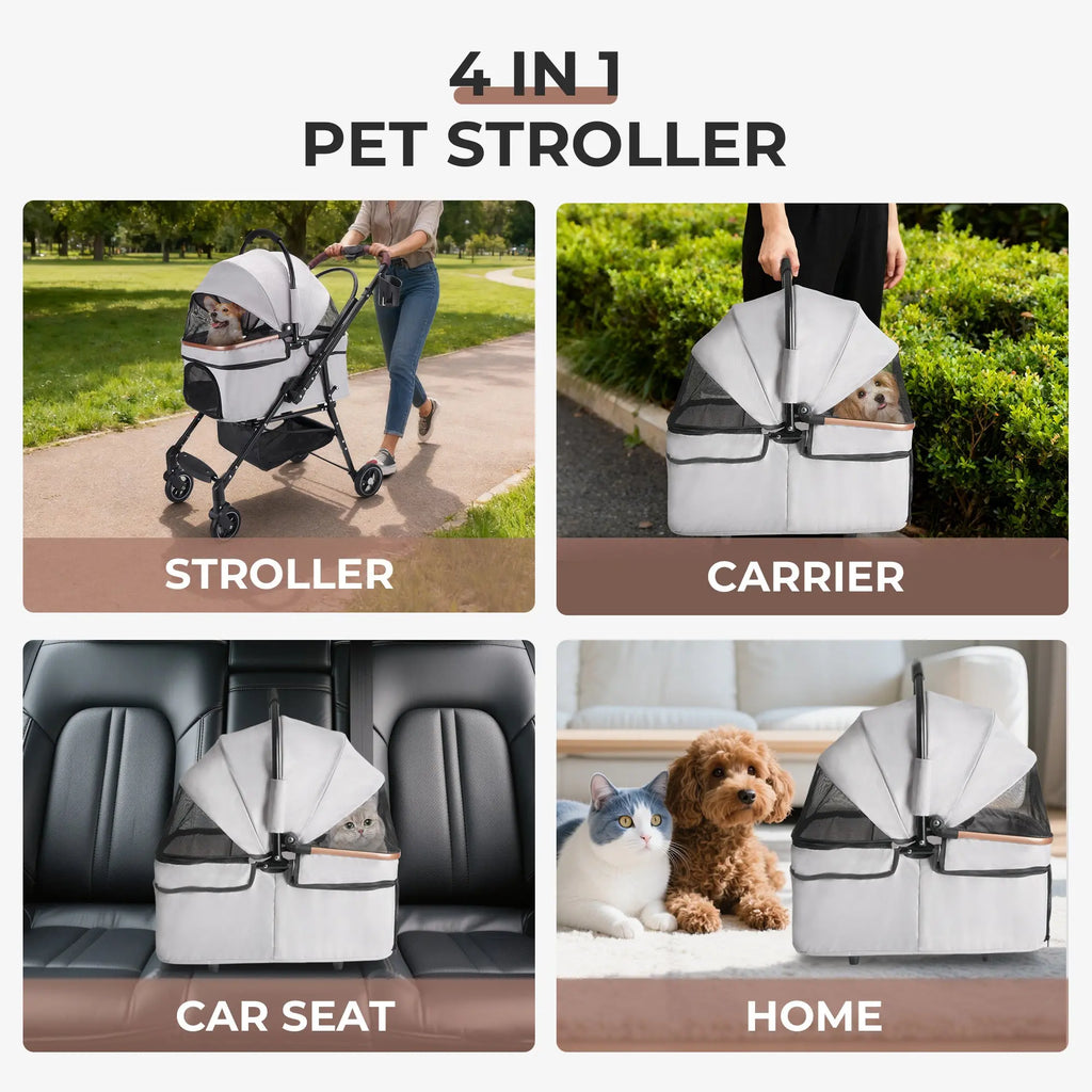 Gray pet stroller shown as stroller, carrier, car seat and indoor bed