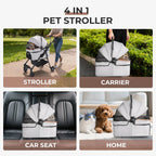 Gray pet stroller shown as stroller, carrier, car seat and indoor bed
