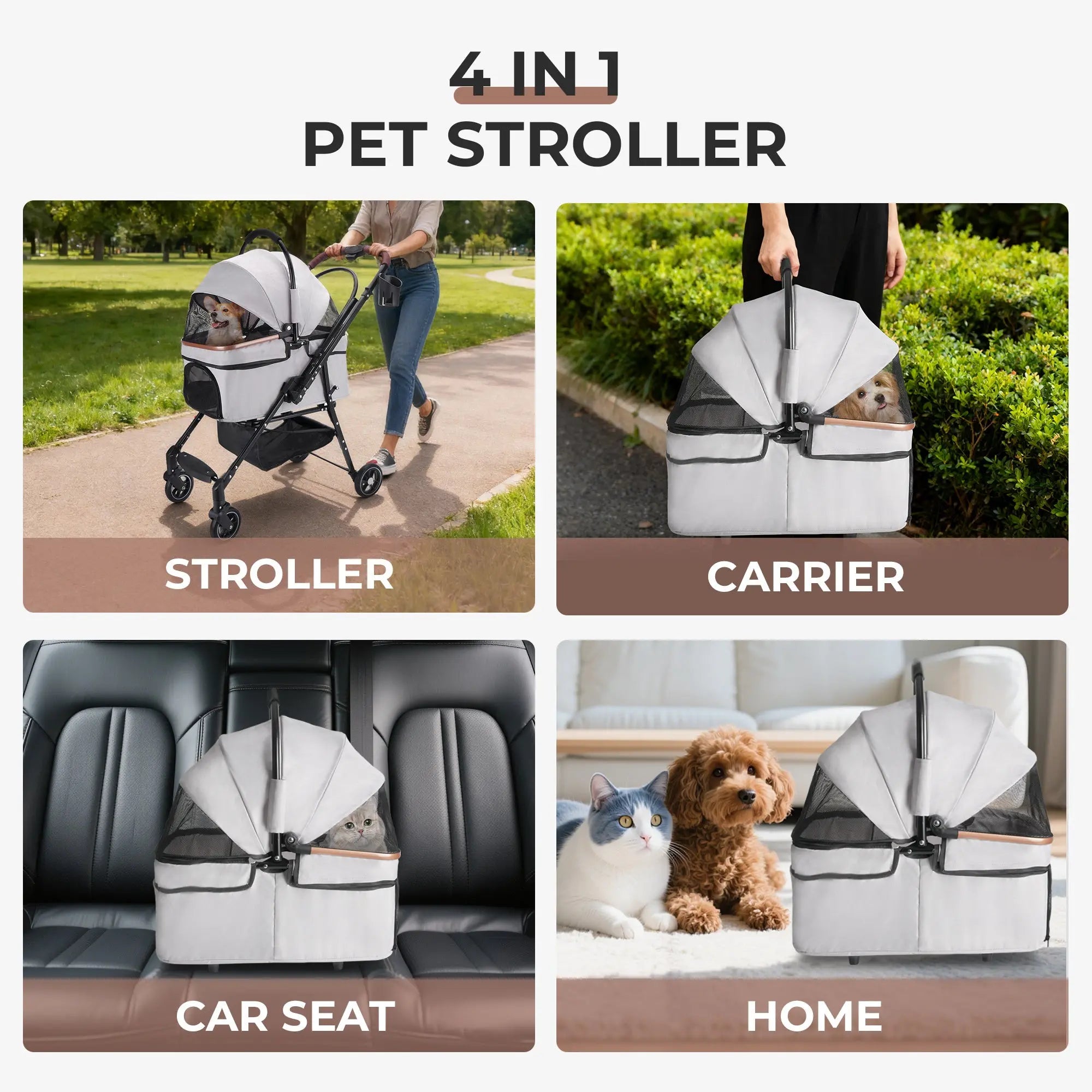 Gray pet stroller shown as stroller, carrier, car seat and indoor bed