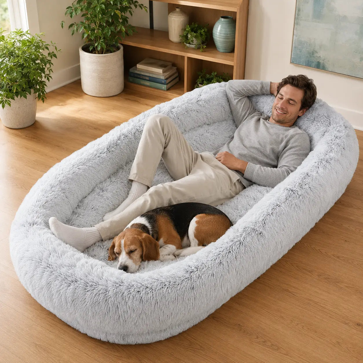 Man and beagle relaxing in an oversized gray faux fur dog bed
