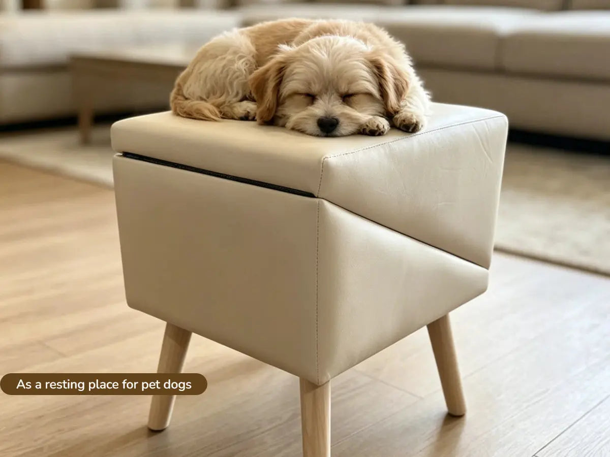 Beige six-step dog stairs folded into a pet ottoman