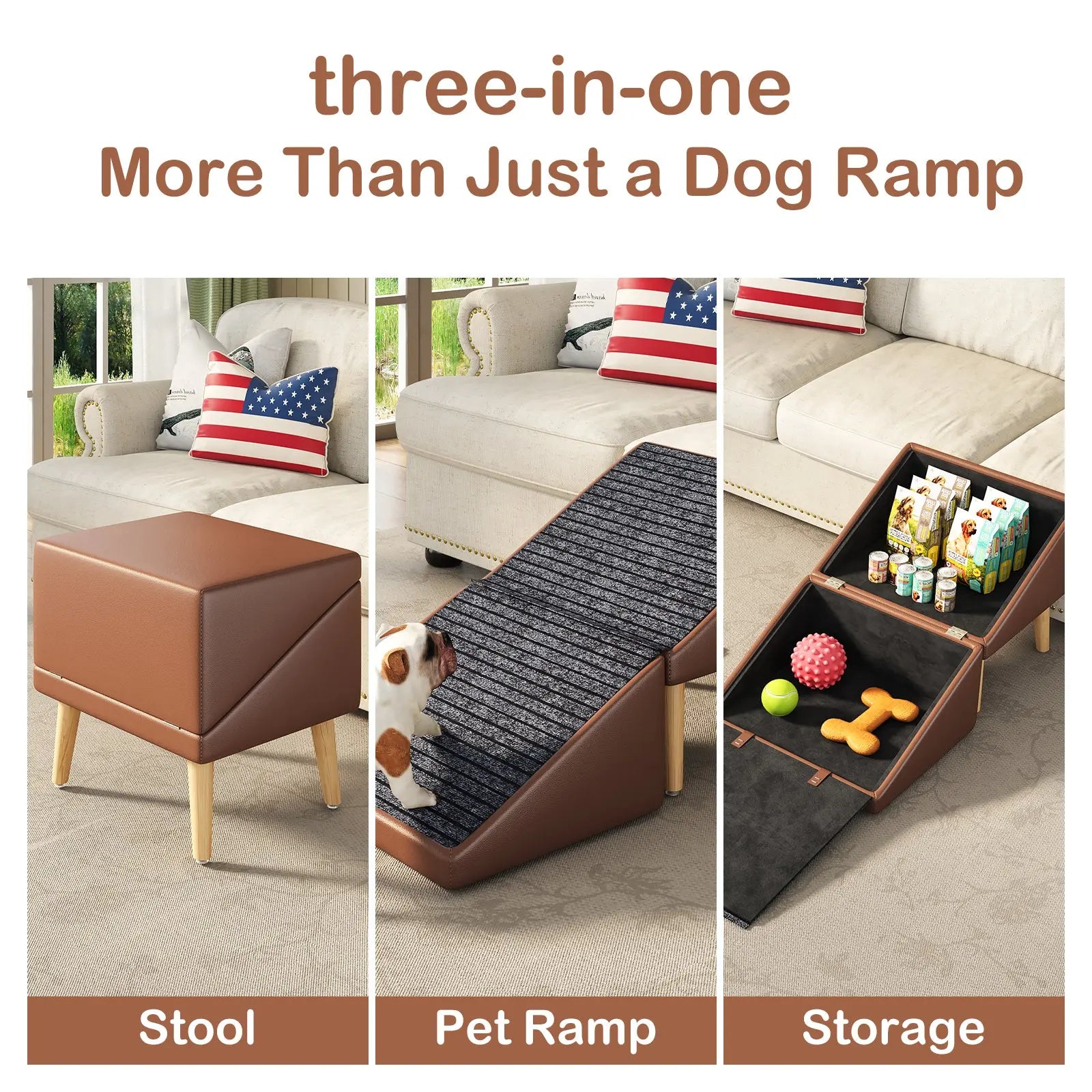 Brown stool, pet ramp and storage functions