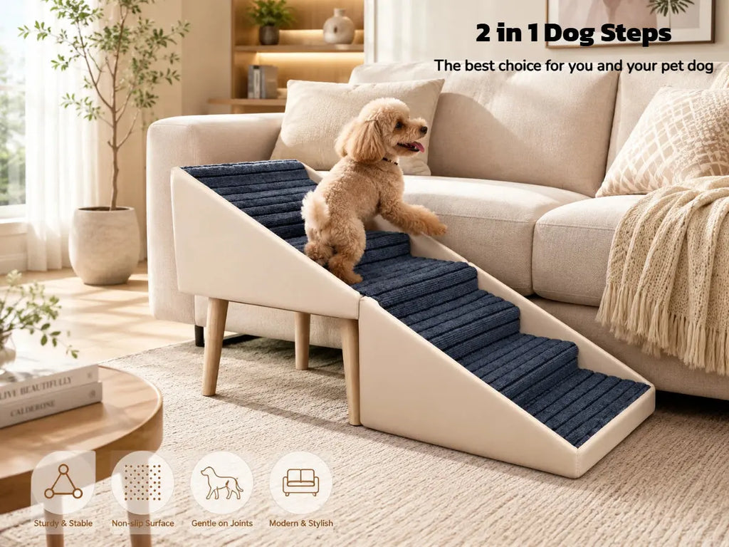 Beige two-in-one dog stairs with covered hinges