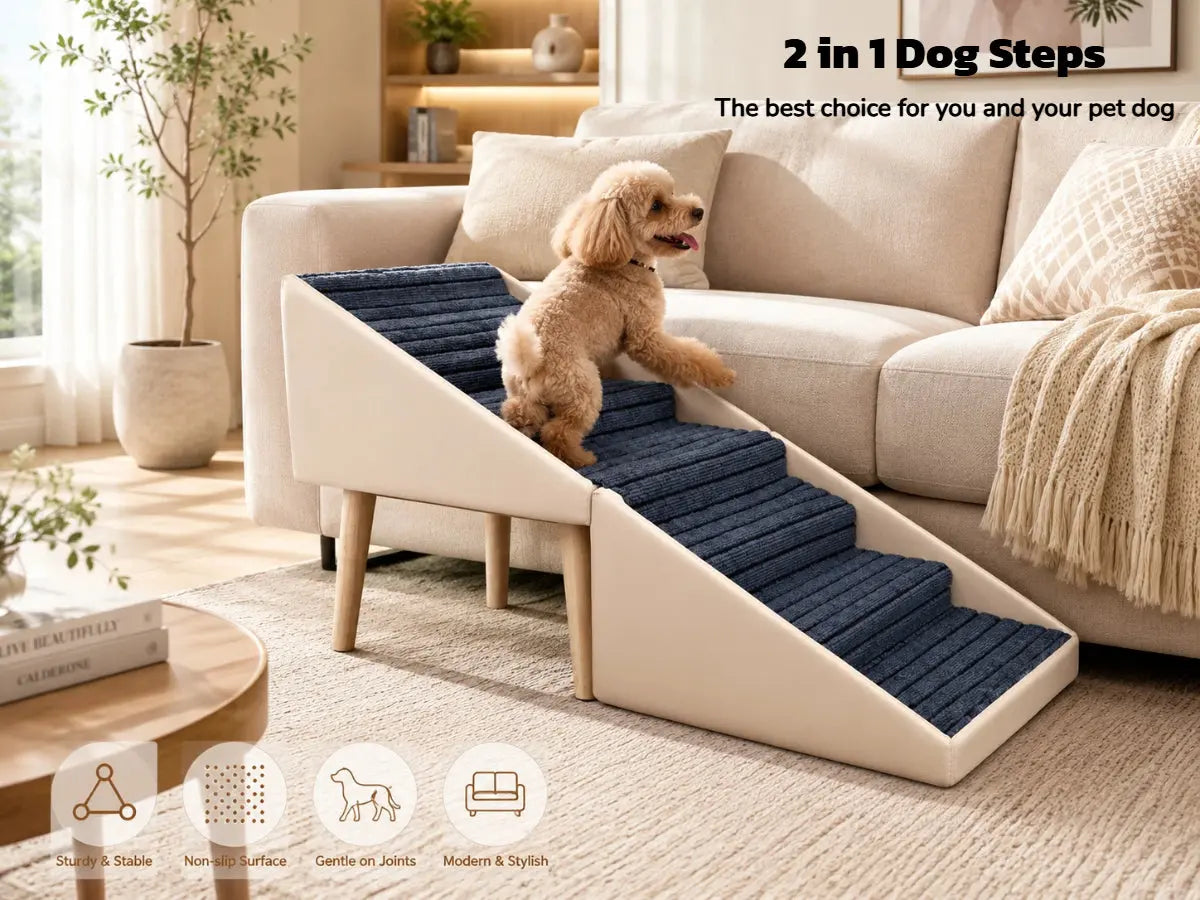 Beige two-in-one dog stairs with covered hinges
