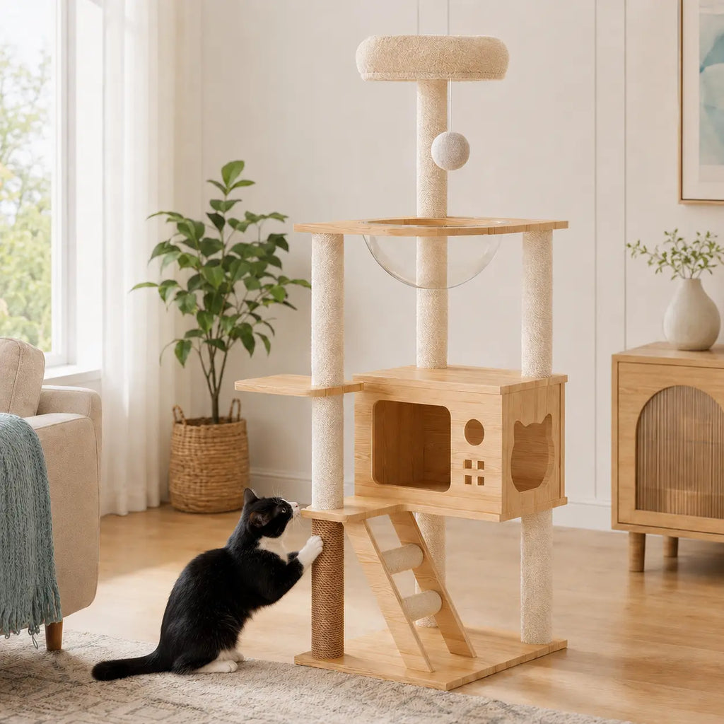 Tuxedo cat using the brown sisal scratching post