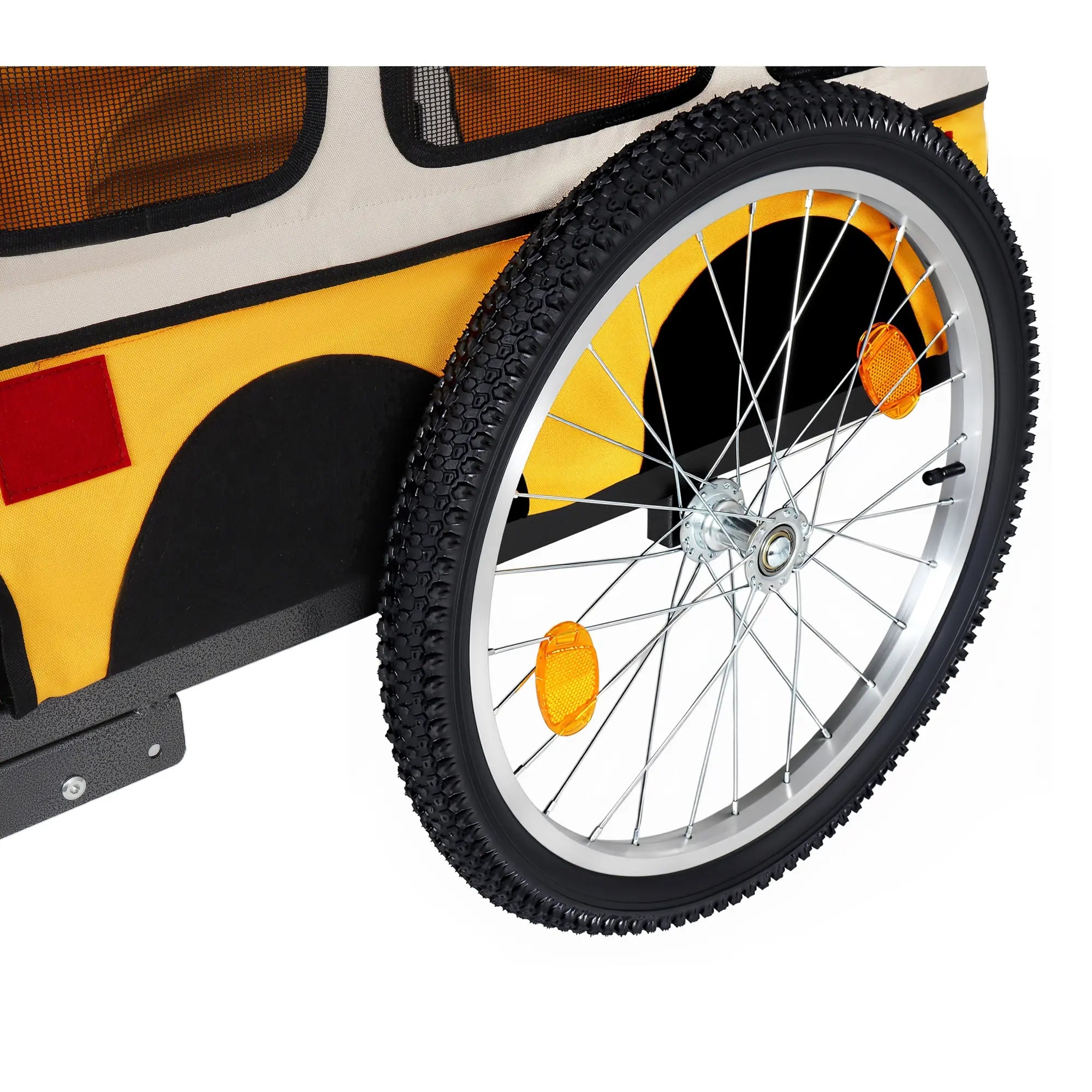 20-inch pneumatic wheel on yellow dog bike trailer