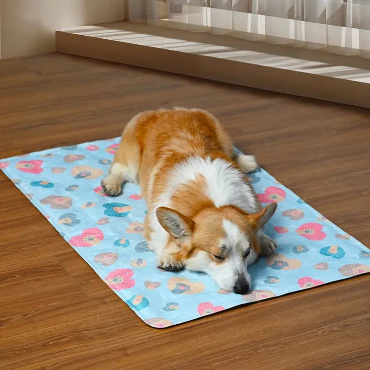 Dog lying comfortably on a cooling pet mat