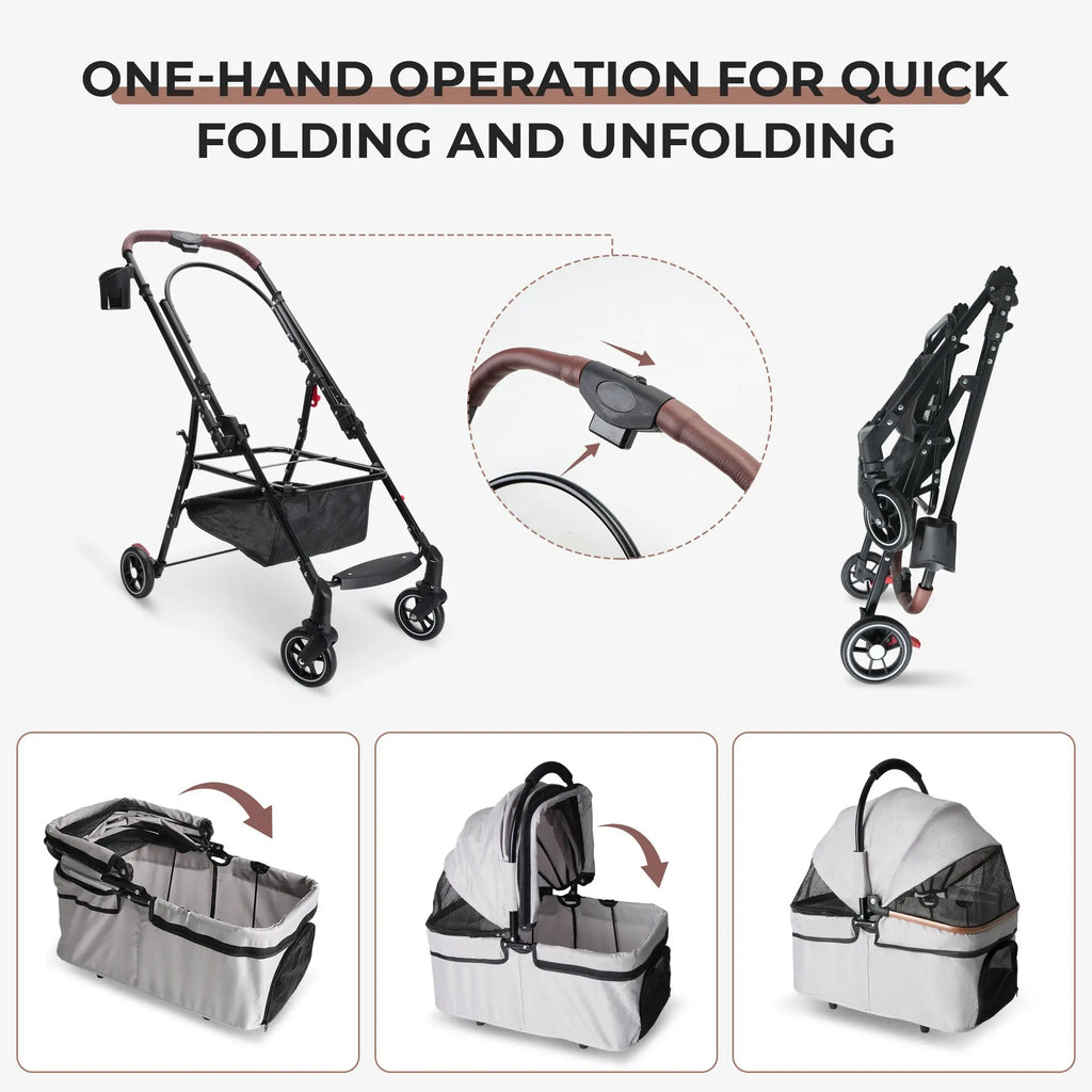 One-hand folding gray pet stroller frame and detachable carrier