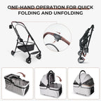 One-hand folding gray pet stroller frame and detachable carrier