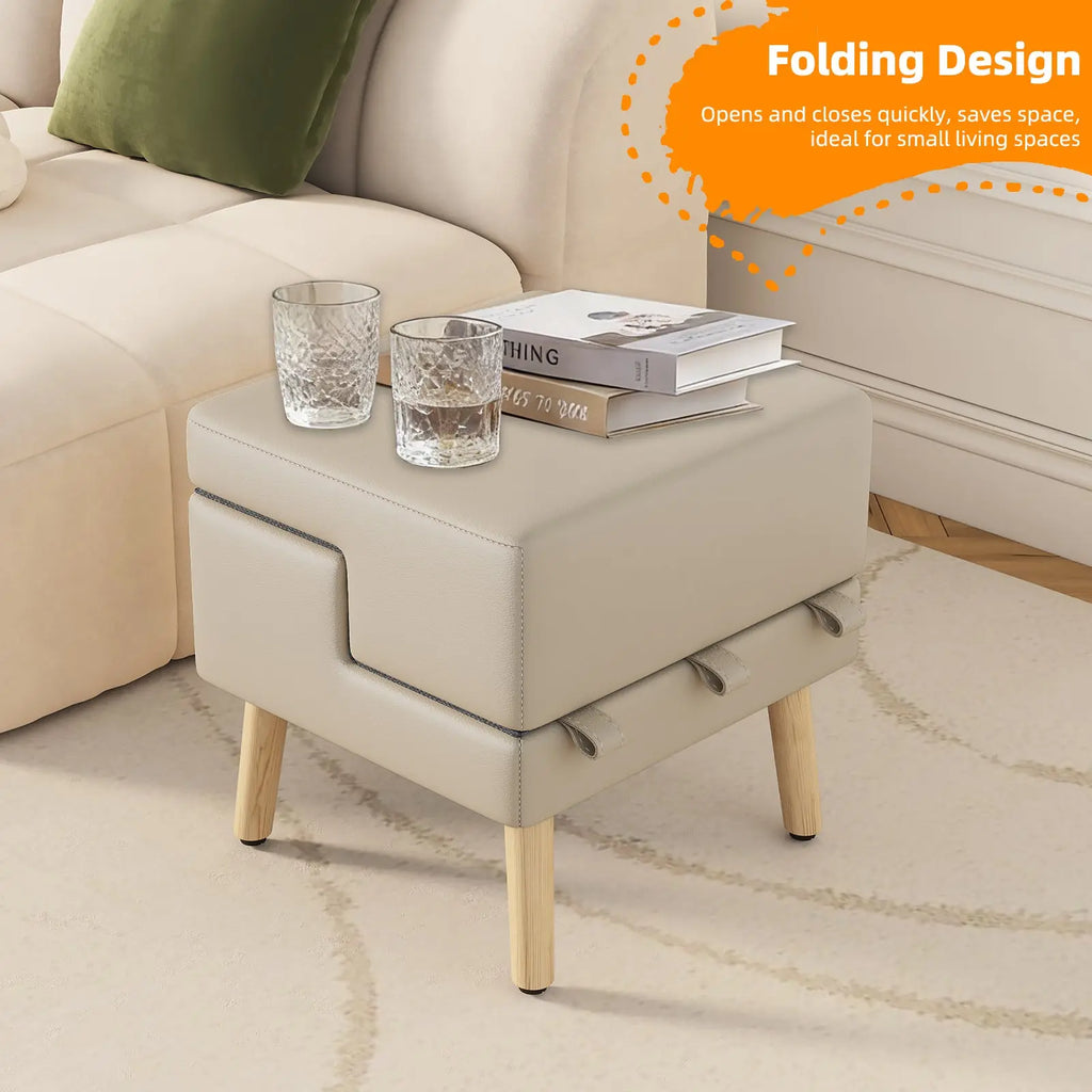 Light gray dog stairs folded into a home ottoman