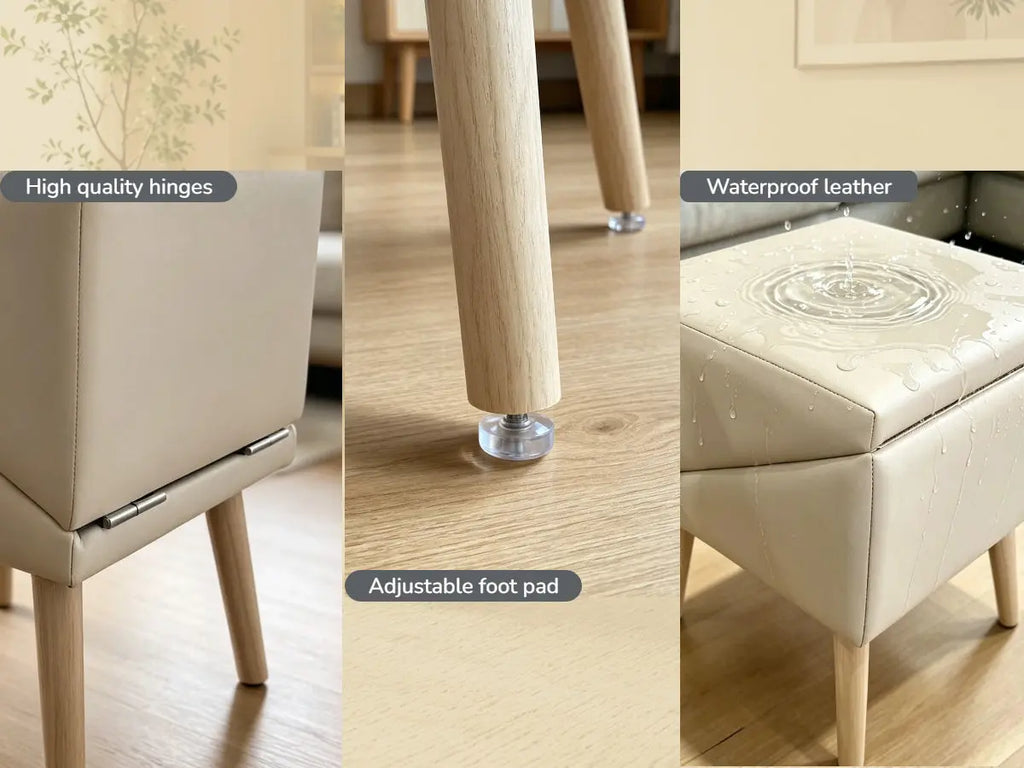 Adjustable feet, hinges and water-resistant surface on beige dog stairs