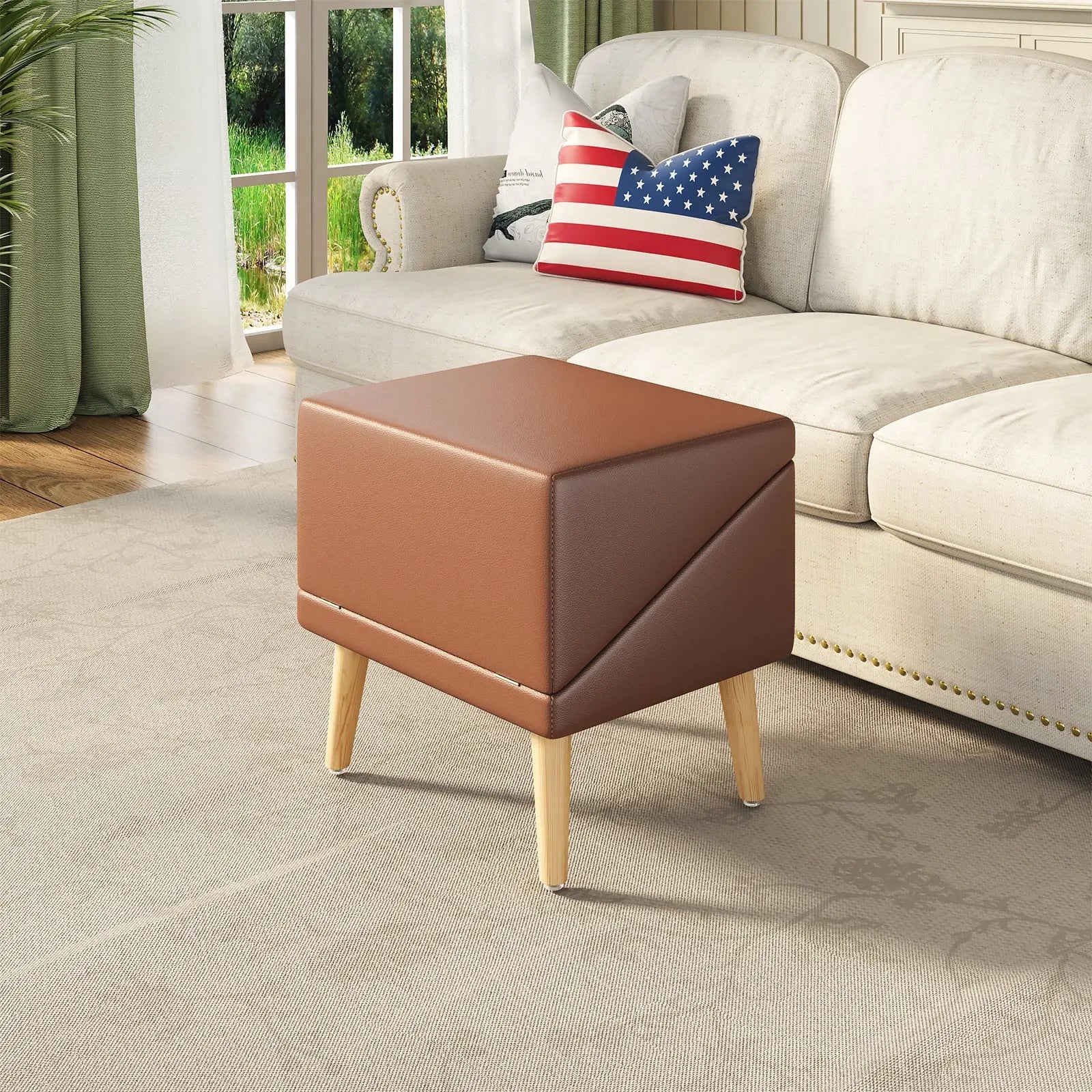 Brown pet ramp folded into a storage ottoman