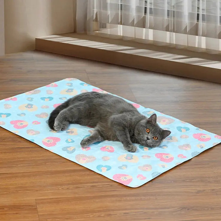 Cat resting on a pink patterned cooling mat