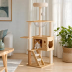 Orange and white cat resting inside the wooden cat condo