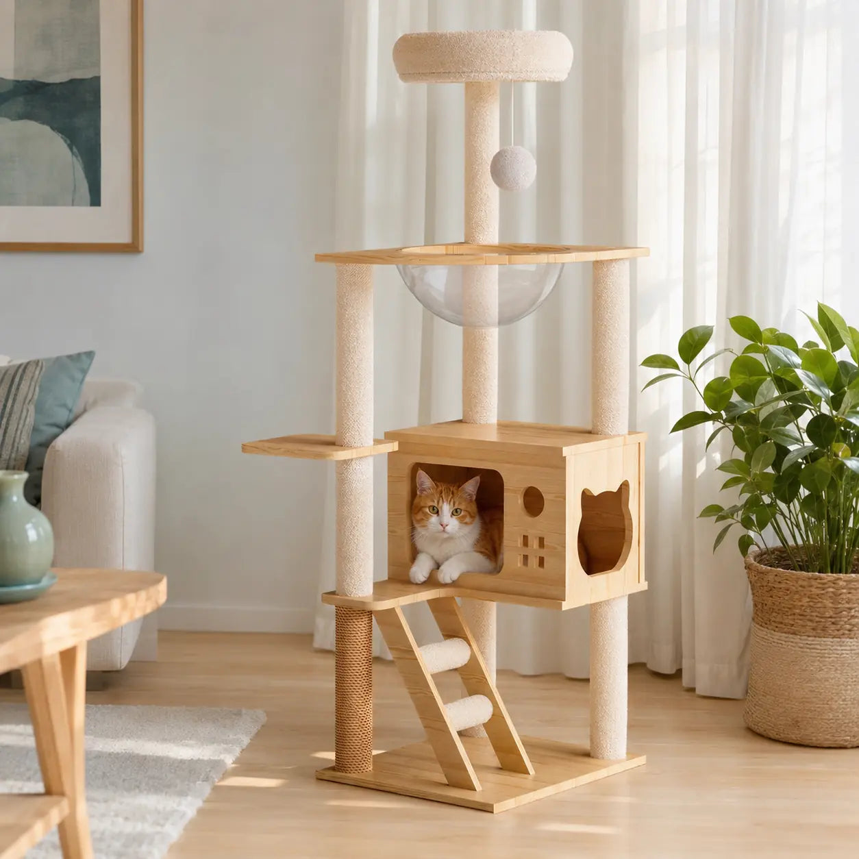 Orange and white cat resting inside the wooden cat condo