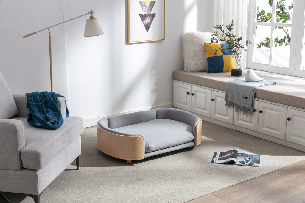 Elevated Wood Pet Sofa with Gray Velvet Cushion W79460561