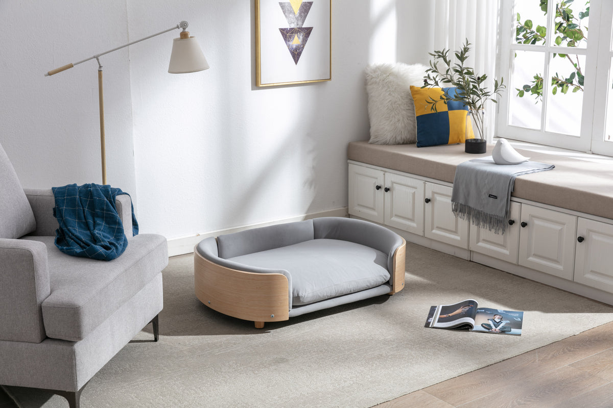 Elevated Wood Pet Sofa with Gray Velvet Cushion W79460561