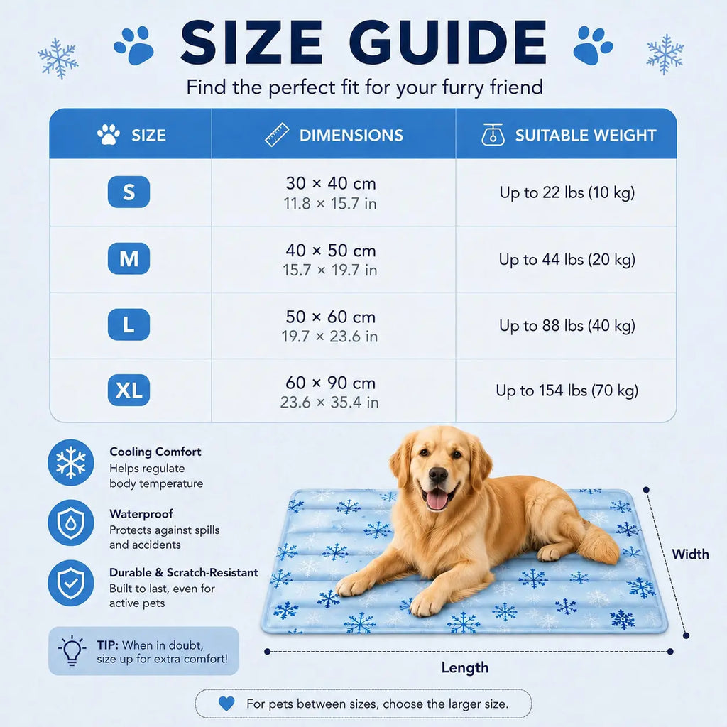 Self-cooling pet mat size guide from S to XL
