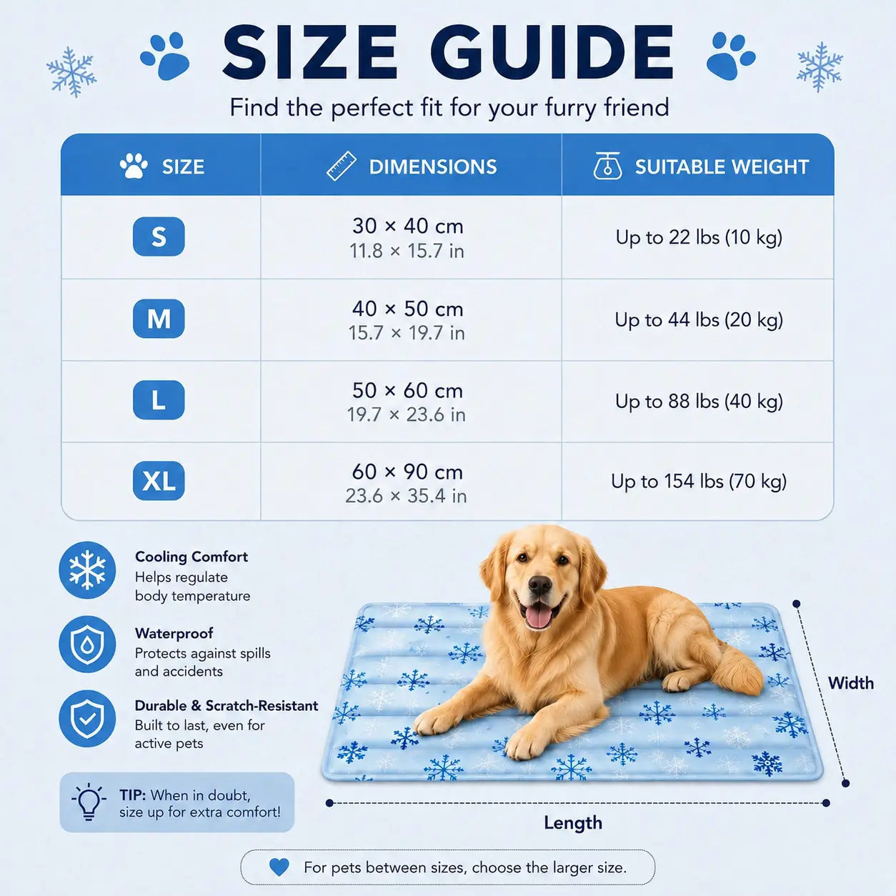 Self-cooling pet mat size guide from S to XL