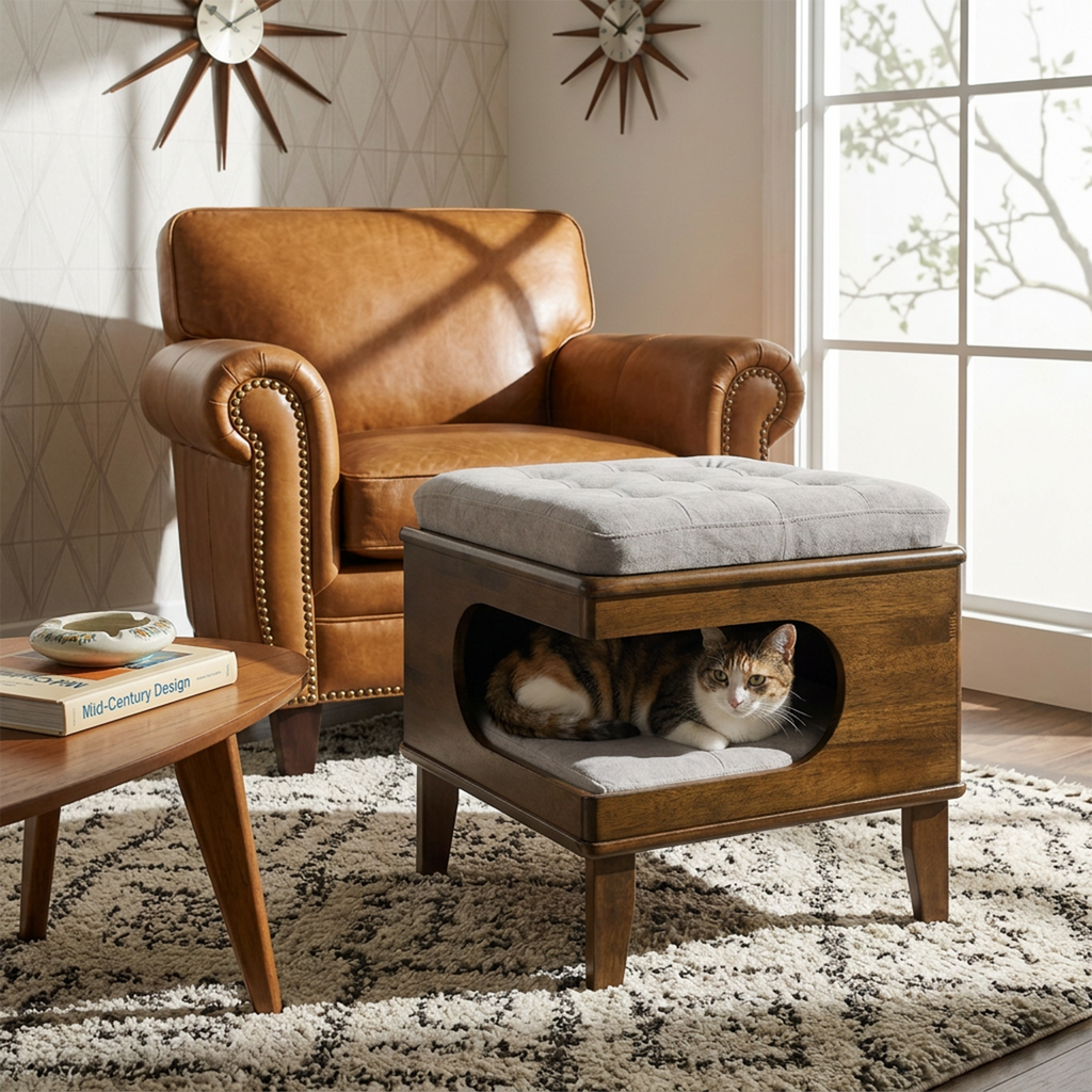 2-in-1 Cat Bed Ottoman with Rubberwood Frame, Walnut - N775P450586B - product view 4