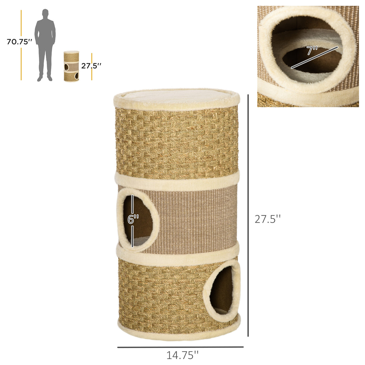 28-Inch Cat Condo with Sisal Scratcher, Khaki & Brown - W2225P229193 - product view 5