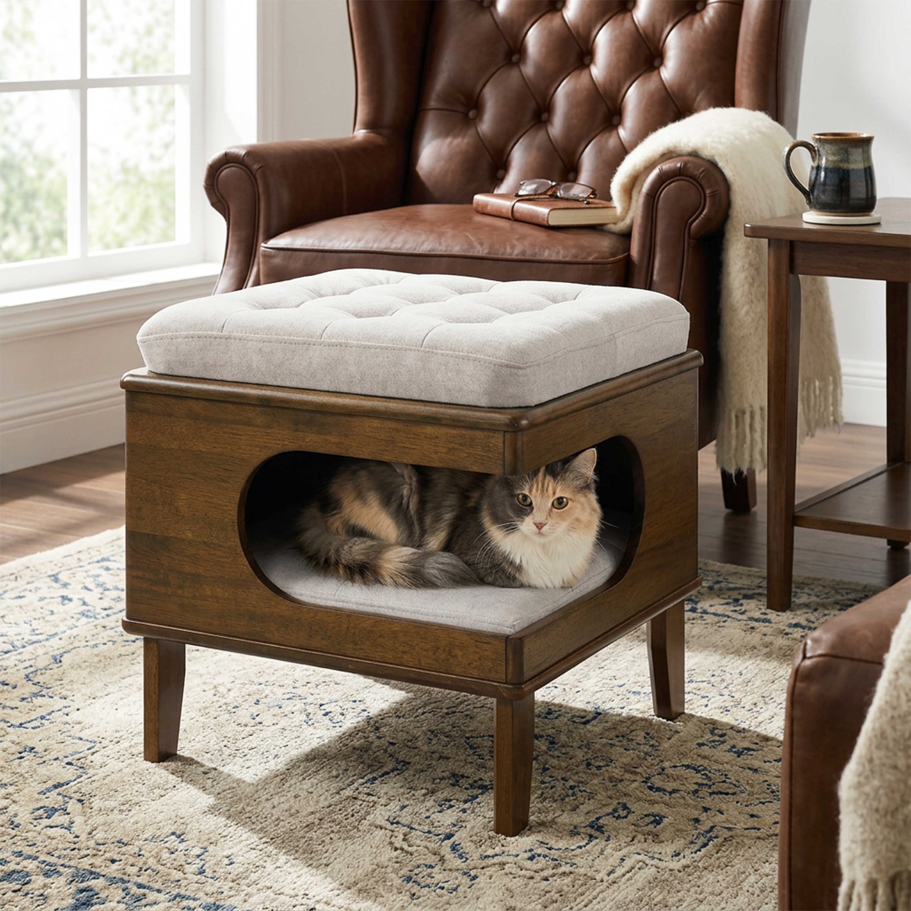 2-in-1 Cat Bed Ottoman with Rubberwood Frame, Walnut - N775P450586B Secondary image