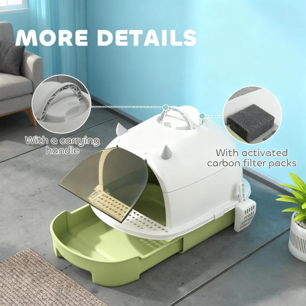 Covered Cat Litter Box with Drawer & Scoop, Green - T3971P404628 - product view 7
