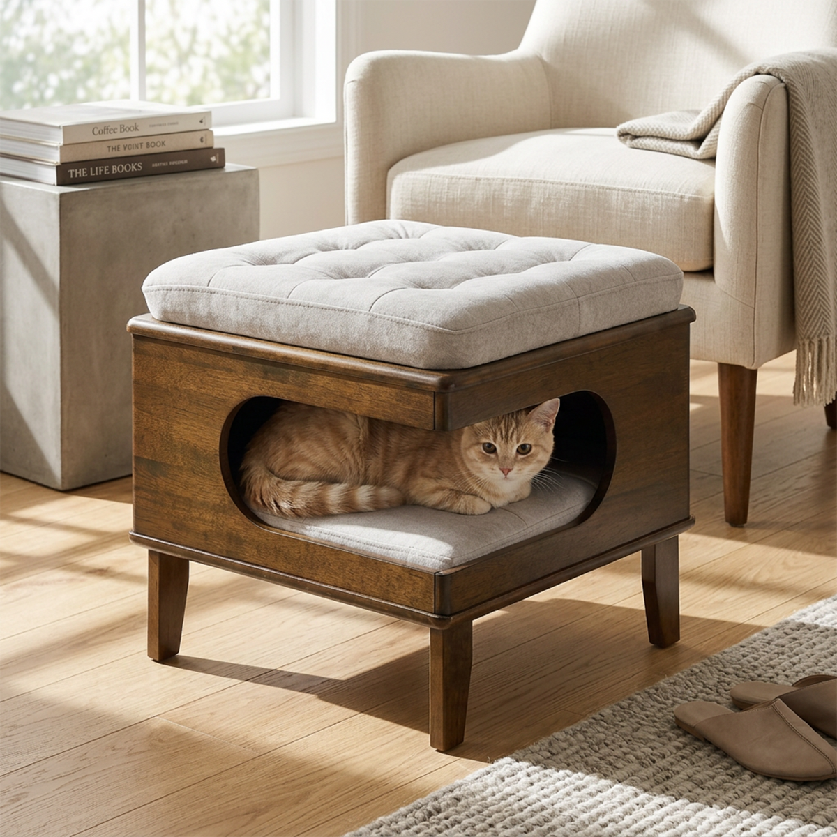 2-in-1 Cat Bed Ottoman with Rubberwood Frame, Walnut - N775P450586B - main product image Main image