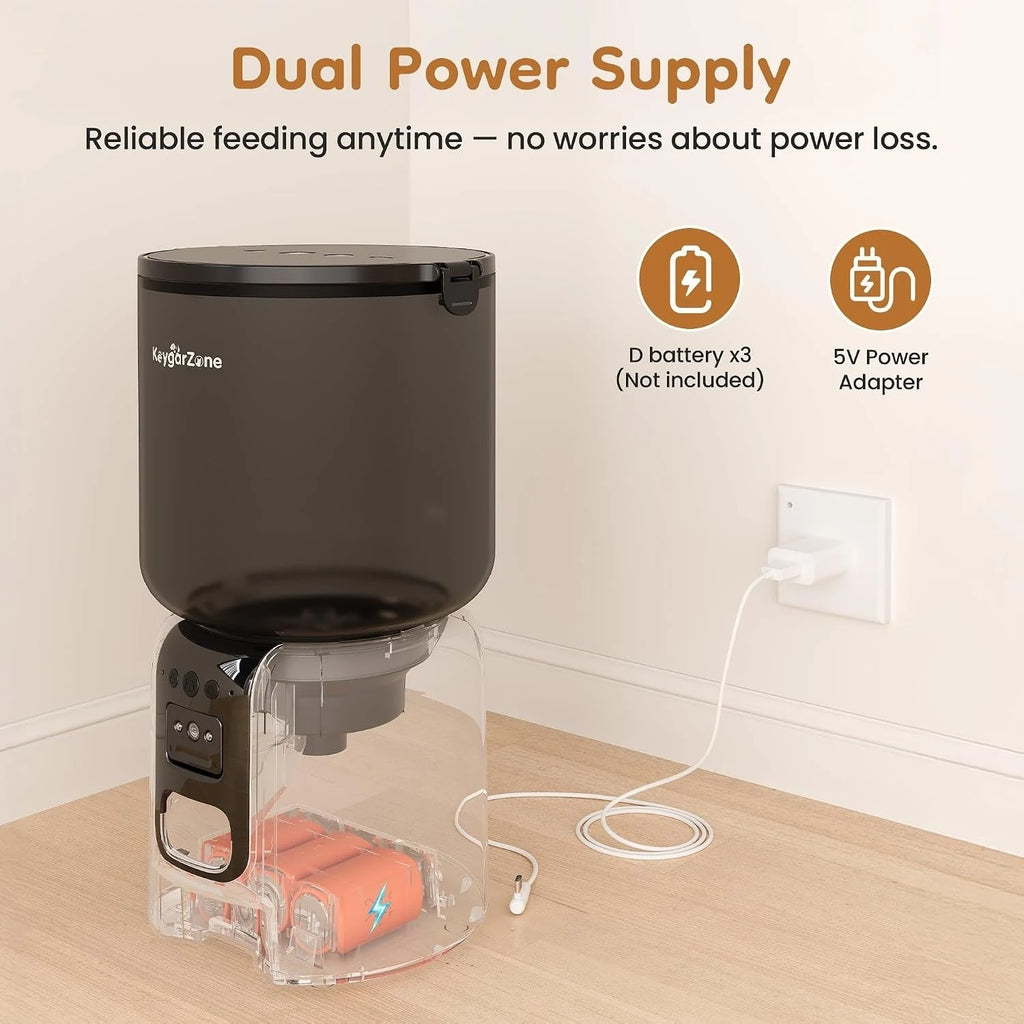 Automatic pet feeder with AC power and battery backup