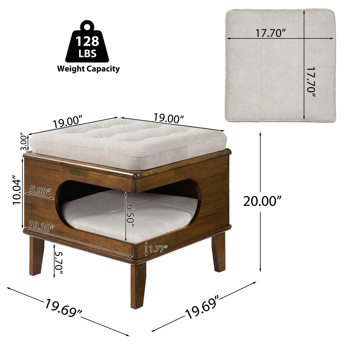2-in-1 Cat Bed Ottoman with Rubberwood Frame, Walnut - N775P450586B - product view 5