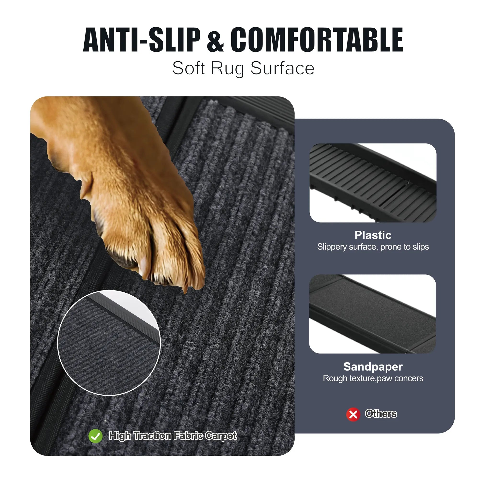 Non-slip rug surface and materials on a dog ramp