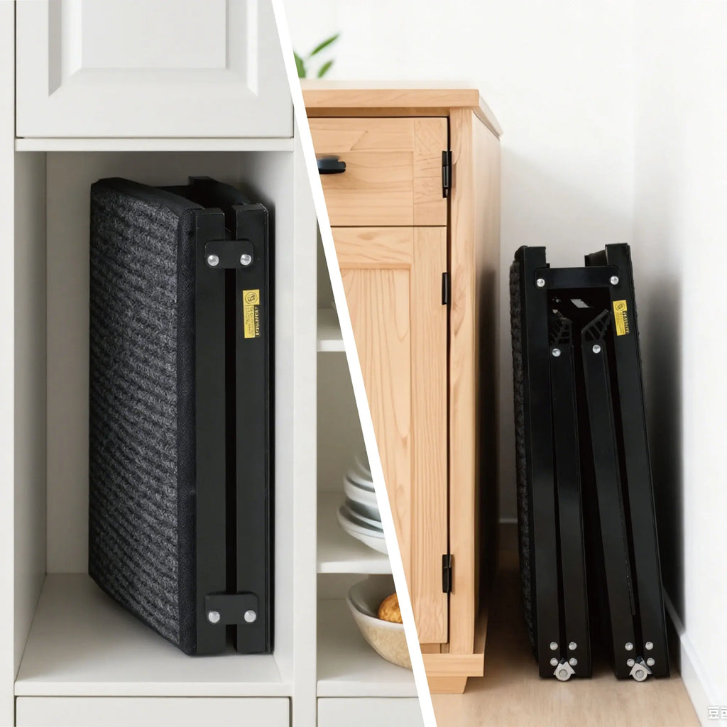 Folded dog ramp stored beside furniture