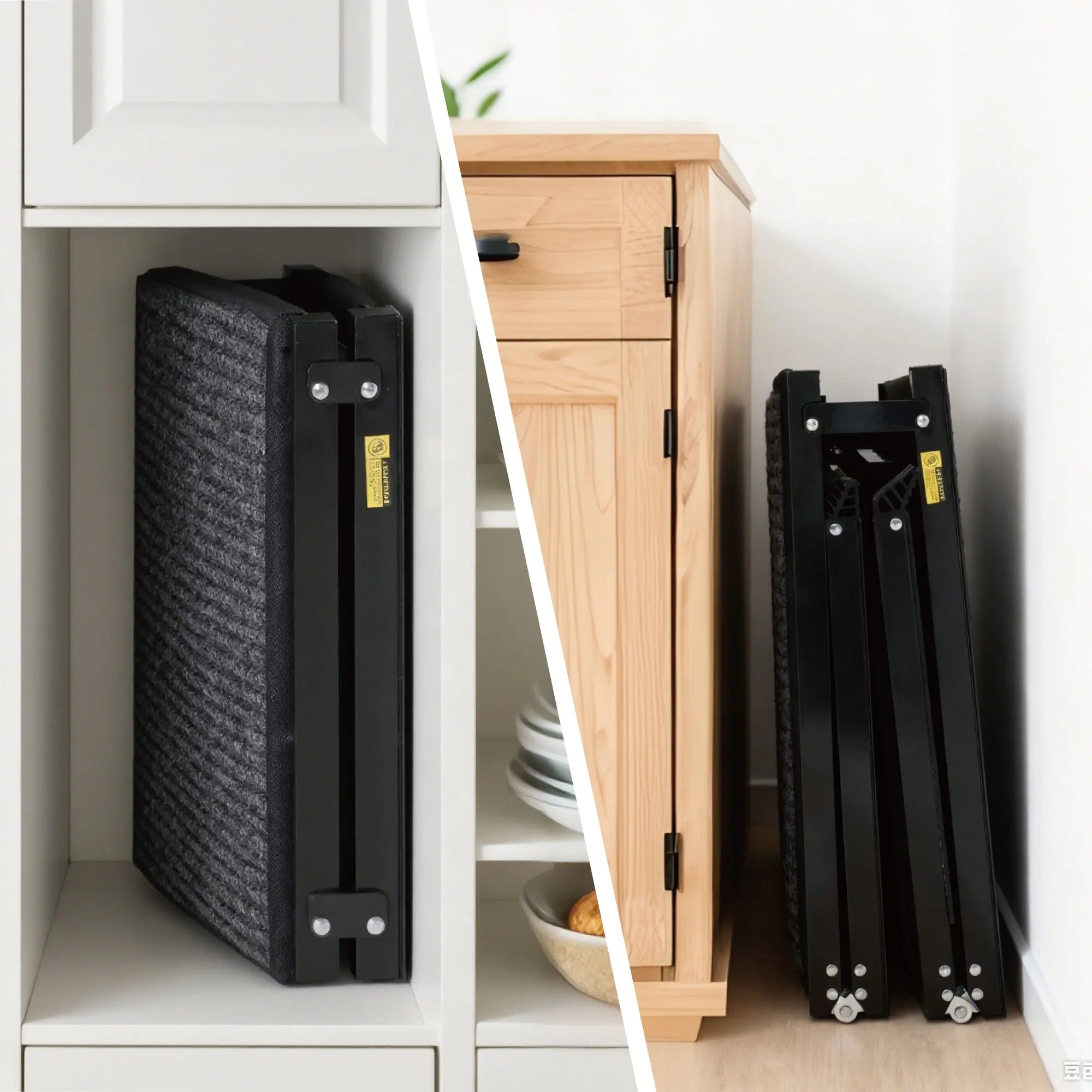 Folded dog ramp stored beside furniture