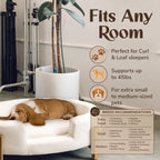 Beige oval dog bed with fabric cushion and solid wood frame — construction detail