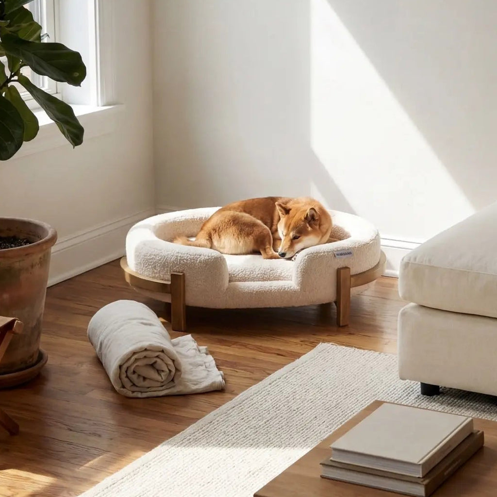 Beige oval dog bed with fabric cushion and solid wood frame — side view