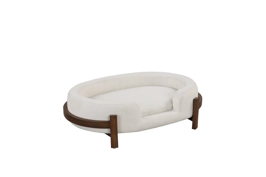 Beige oval dog bed with fabric cushion and solid wood frame — overall design